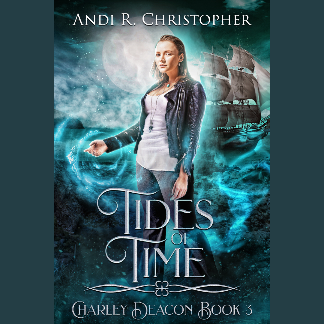 cover of Tides of Time by Andi R Christopher. There's a sailing ship in the background, and lots of turquoise swirly magic. Charley is wearing a leather jacket and a pendant.